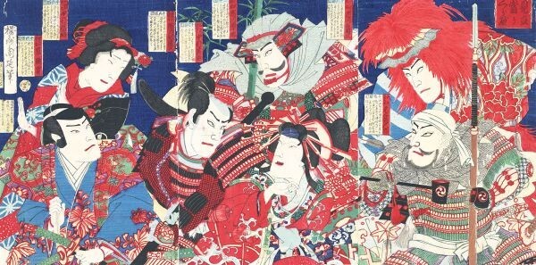 周延浮世絵｢見立當り｣ 木版画 3枚続 ※3枚が繋がっています 約各35×23 Chikanobu, 絵画, 浮世絵, 版画, 武者絵