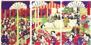 Art hand Auction Chikanobu Ukiyo-e Koyokan Stage Opening Map Woodblock print triptych, Mei 14, approx. 36.3 x 24 each, painting, Ukiyo-e, print, warrior picture