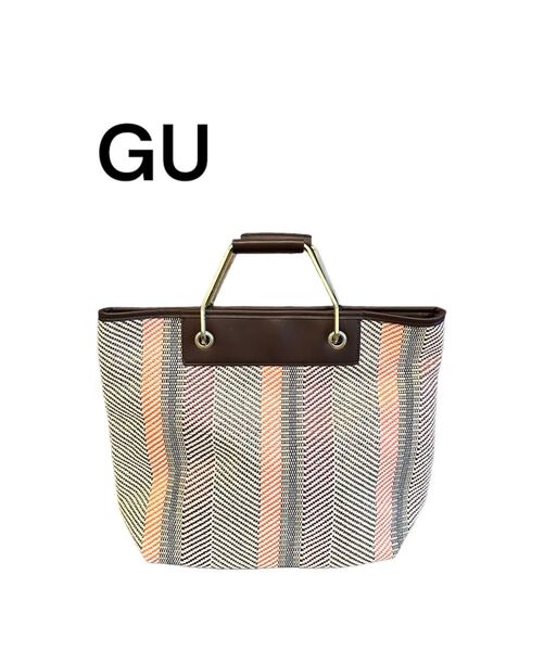 【タグなし未使用】GU(ジーユー)メタルハンドルトートバッグオレンジマルチ柄 A4収納可能 大容量バッグ