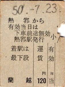 準常備式乗車券　国鉄・準片　熱郛から蘭越ゆき　120円　熱郛駅発行　パンチ