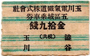 戦前（大正？）　軟券　玉川電気鉄道　五区域乗車券　金拾九銭　渋谷　玉川　改札穴（46mmX28mm）