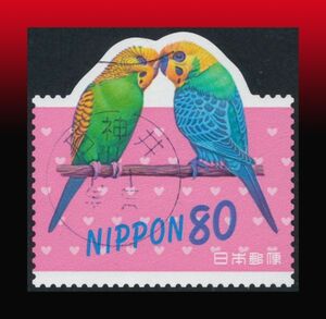 D10百円〜　適正年賀印/使用済｜H10年発　シール式変形セキセイインコ80円　新和文機械印：石神井/11/1.1/年賀 表面：美品 裏面：ヒンジ片