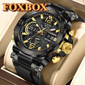 新品 FOXBOX デュアルウォッチ50M防水メンズ腕時計 ラバーストラップ ブラック＆ゴールド