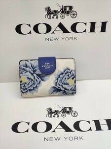 COACHアウトレット二つ折り財布花柄ホワイトブルー