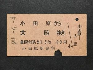 古い切符＊小田原 から 大船 ゆき 3等 80円 小田原駅発行 昭和29年＊国鉄 鉄道 資料