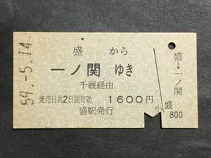 古い切符＊盛 から 一ノ関 ゆき 千厩 経由 1600円 盛駅発行 昭和59年＊国鉄 鉄道 資料