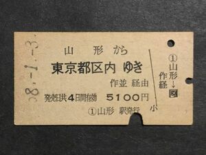 古い切符＊山形 から 東京都区内 ゆき 作並 経由 5100円 山形駅発行＊国鉄 鉄道 資料