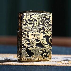 1円 未使用 ZIPPO 唐草彫刻 喫煙グッズ ジッポー 6面刻印 オイルライター 真鍮製 新品 ゴールドX黒