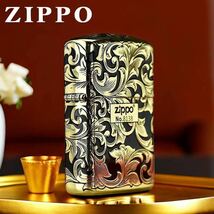 1円 未使用 ZIPPO 唐草彫刻 喫煙グッズ ジッポー 6面刻印 オイルライター 真鍮製 新品 ゴールドX黒_画像7