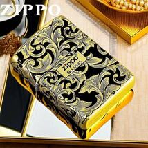 1円 未使用 ZIPPO 唐草彫刻 喫煙グッズ ジッポー 6面刻印 オイルライター 真鍮製 新品 ゴールドX黒_画像5