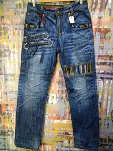 送料込/JONEAA jeans★高技術加工デニム ストレート/w実寸~78/中インディゴ縦落ち皴落ち加工/民族調生地切替&丸カン多使用&フックジッパー