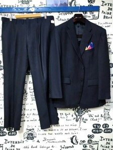 ★Kansai Yamamoto Homme/合冬ウールスーツ2Bセンターベンツ1タック定番/BB6≒実寸c108-w96-T170~程/濃紺ペンシル縞 スーパー100s/携帯ポケ