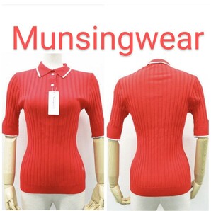タグ付 Munsingwear レディースM マンシングウェア ゴルフ ブランドロゴ刺繍 五分袖 ウール ポロシャツ レッド 未使用品