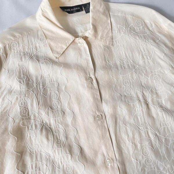 Paul Harris 刺繍入りアイボリー シルクブラウス 90s y2k vintage長袖シャツ