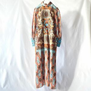 6-70s euro vintage Vera Mont ブラウン総柄ハイネックマキシワンピース　ヒッピー