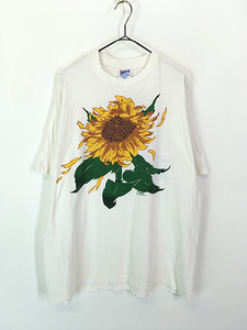 レディース 古着 90s USA製 Hanes ひまわり サンフラワー 両面 アート Tシャツ XL 古着