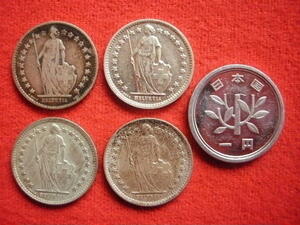 ☆世界の銀貨　HELVETIA (SWITZRLAND) 1/2 FRANCS 1916/1960/1961/1964-B (.835 silver)　外径約18.15㎜～　総量目約9.97g　中古並品～