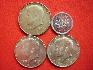 ♯世界の銀貨　UNITES STATES (Kennedy) HALF DOLLAR 1967- (40% silver) ３枚一括　外径約30.70㎜～　総量目約34.61g　中古並品～
