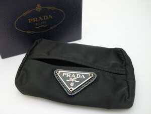 1000円スタート ティッシュケース PRADA プラダ ブラック 黒 三角プレート ナイロン 箱/付属品有 ポーチ ファッション 服飾小物 2 X715