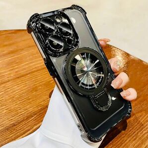 iPhone15/15Pro/15Promax ケース メッキ加工 磁気吸引リング スタンド付 レンズフルカバー アイフォン ♪