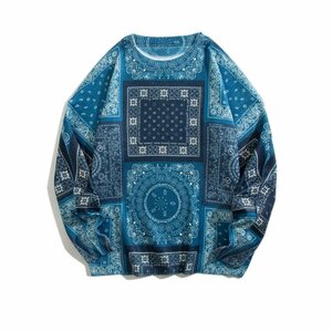 新品:バンダナ プリント クルーネック セーター ニット 丸首セーター ペイズリー Paisley bandana pattern sweater ブルー 青 サイズ 3XL