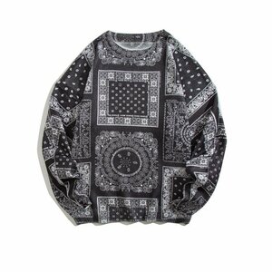 新品:バンダナ プリント クルーネック セーター ニット 丸首セーター ペイズリー Paisley bandana pattern sweater ブラック 黒 サイズ 2XL