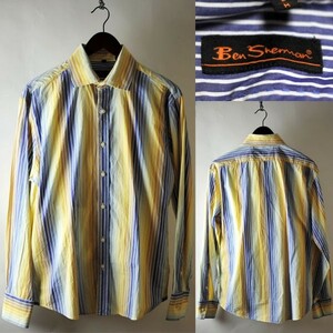 ★【国内正規品 デザイン◎】USED BEN SHERMAN ベン シャーマン ストライプ 長袖 ロングスリーブシャツ 2/M イエロー系