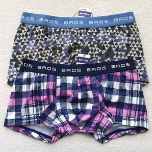 BROS ボクサーパンツ Mサイズ ローライズ チェック ネイビー×ピンク&デザイン ベージュ×サックス 2枚セット ☆送料無料