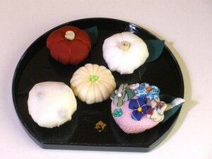 【古布25】縮緬 ちりめん和菓子５個セット① お供え お盆飾り 豆大福/紫陽花餅●ハンドメイド/和小物/ちりめん細工