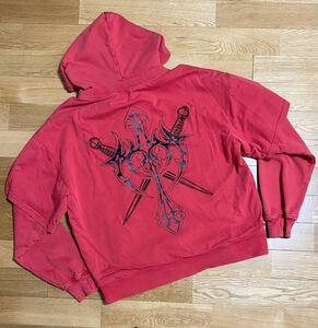 美品☆[UNKNOWN LONDON] BLACK DAGGER HOODIE ブラックダガー レイヤードパーカー L レッド 赤 アンノウン ロンドン