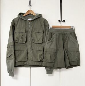 美品☆[JOHN ELLIOTT]19SS PANELED SETUP スウェット切替ナイロンカーゴセットアップ 2/1 パーカーパンツ ライトグリーン ジョンエリオット