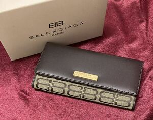 未使用 希少♪ BALENCIAGA バレンシアガ ♪ BB モノグラム キャンバス × レザー 長財布 ブラウン系 箱付 財布 プレート 希少モデル