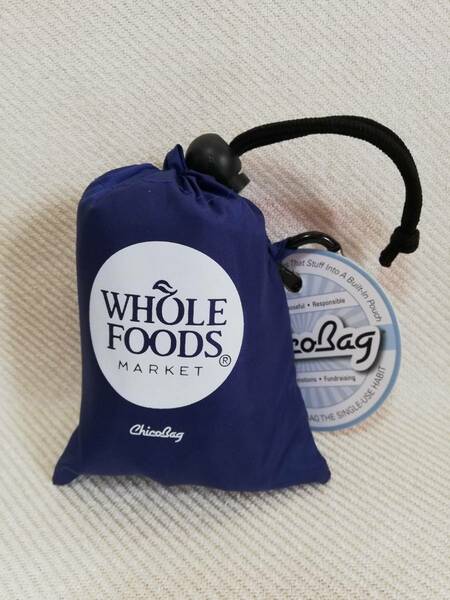 ホールフーズマーケット 折りたたみ エコバッグ ネイビー 紺 カラビナフック付 トートバッグ WHOLE FOODS MARKET アウトドア キャンプ