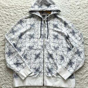 極美品/XL相当◎アルマーニ エクスチェンジ ARMANI EXCHANGE 総柄 ジップパーカー フードジャケット ブルゾン ホワイト ストレッチ メンズ