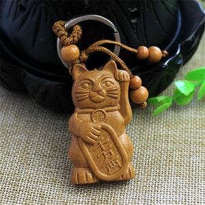 * decided * tree carving sculpture pretty maneki-neko key holder objet d'art netsuke 