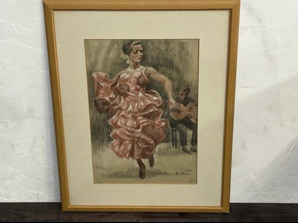 Artist unknown H.Sin ``Flamenco Female Figure'' Autographed Pastel Painting Spanish Painting Figure Painting Woman Flamenco Image Size Vertical 550mm x Horizontal 380mm P10, painting, oil painting, portrait