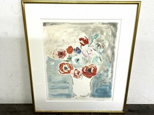 真作！仲田好江 『花器に薔薇』7/100 直筆サイン入り リトグラフ 額寸約56.5×65.5cm 額縁