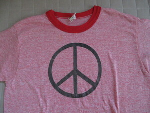 USA製 ビンテージ ７０S ラッセル RUSSELL 単色 赤杢 ピースマーク Tシャツ M VINTAGE hippie ヒッピー PEACE ピーターマックス PETERMAX