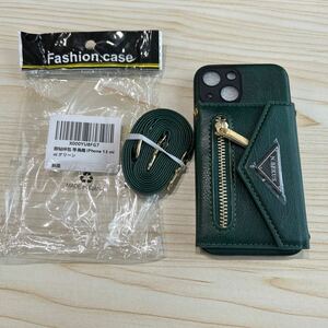 b237 iPhone13 mini手帳ケース スタンド機能タイプ二つ折り財布 ストラップつき【ダークグリーン】