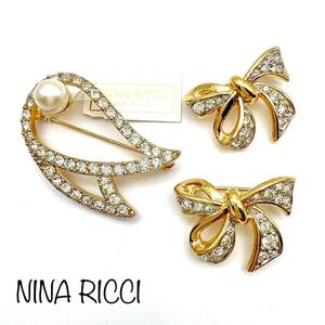 NINA RICCI｜ニナリッチ ブローチ 3点【アクティ】リボン ラインストーン フェイクパール ゴールドカラー ヴィンテージ ブランド a369et