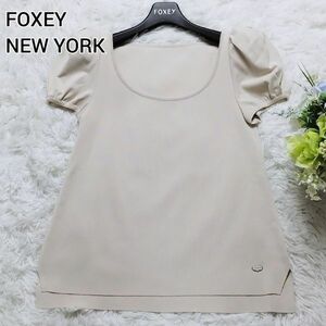 美品　FOXEY NEW YORK　フォクシーニューヨーク パフスリーブニット　カットソー　プルオーバー　38 S　ロゴプレート ウォッシャブル 31113