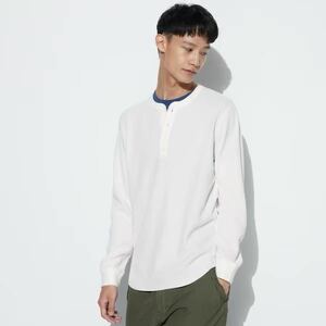 ★新品 UNIQLO ユニクロ／ワッフルヘンリーネックTシャツ 長袖 L 白465496 A2