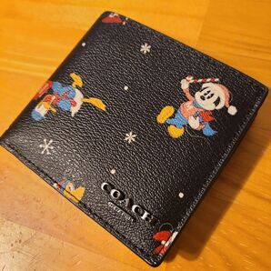 COACH　Disney　ホリデープリント　ミッキー　二つ折り財布　黒
