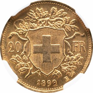 スイス 20フラン金貨 1899年B 未使用品 アルプスの少女 NGC(MS64)の画像3