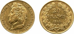 フランス　20フラン金貨　1848年A　美品　ルイ・フィリップ1世