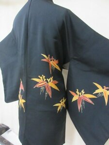 1円 良品 正絹 羽織 和装コート 縮緬 紋なし 黒 笹 草花 高級 袷 身丈78cm 裄64cm【夢職】★★★