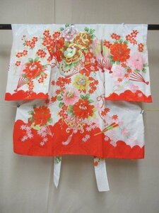 1円 中古 正絹 女児 子供着物 縮緬 七五三 産着 鼓 扇子 花籠 高級 袷 身丈91cm 身巾45cm【夢職】★★★