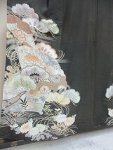 1円 良品 正絹 着物 留袖 縮緬 紅絹 アンティーク 松 扇子 菊 草花 古典文様 高級 袷 身丈144cm 裄63cm【夢職】★★★_画像7