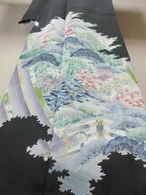 1円 良品 正絹 着物 留袖 縮緬 比翼付 巻物 四季花 風景 おしゃれ 高級 袷 身丈152cm 裄64cm【夢職】★★★_画像4