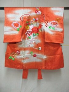 1円 良品 正絹 女児 子供着物 錦紗縮緬 七五三 産着 刺繍 扇子 牡丹 草花 高級 袷 身丈98cm 身巾46cm【夢職】★★★